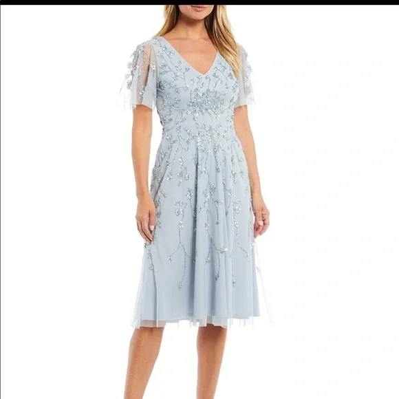Adrianna Papell Hand-Beaded Midi Dress with Flutter Sleeves, Glacier, Size: 10